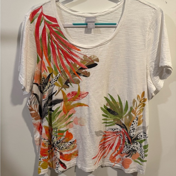 Chico's Tops - Chico's Women's Short Sleeve Top - White with Tropical Print